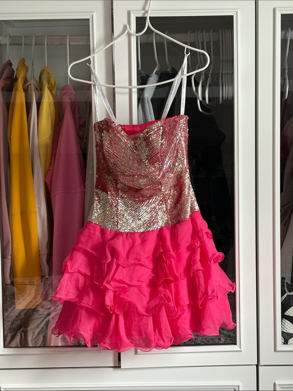 Sherri Hill Silver Sequin & Hot Pink Strapless Ruffle Dress